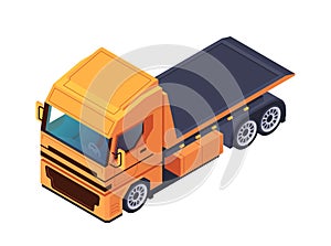 Orange dump truck on a white background, showcasing transportation. Isometric vector illustration