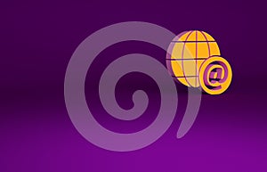 Orange Earth globe with mail and e-mail icon isolated on purple background. Envelope symbol e-mail. Email message sign