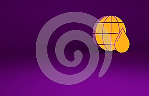 Orange Earth planet in water drop icon isolated on purple background. Saving water and world environmental protection