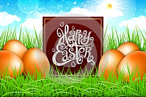 Orange eggs in a field of grass with blue sky. happy easter lettering modern calligraphy, vector