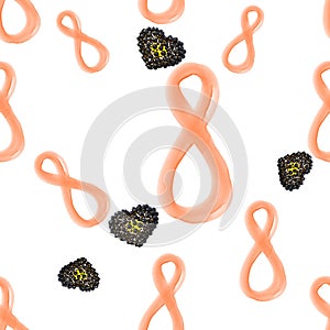 orange 8 eight numbers hand draw by watercolor and hearts made by spheres isolated on bright background. Happy womans day seamless