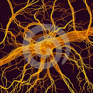 Orange, electrified neuron with tendril branches with volume