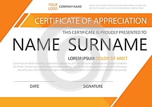 Orange Elegance horizontal certificate with Vector illustration ,white frame certificate template with clean and modern pattern