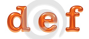 Orange embossed letters, alphabet, letters d e f, 3d illustration