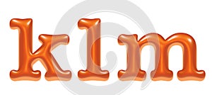 Orange embossed letters, alphabet, letters k l m, 3d illustration