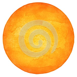 Orange empty circle watercolor shape with paint texture isolated on white background. Abstract blank round form aquarelle backdrop