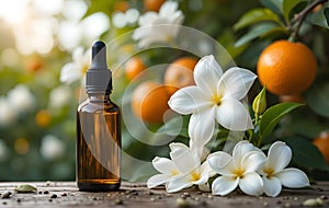 orange essential oil bottle against oranges garden. Ai generated