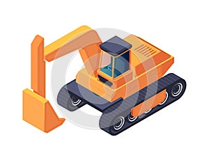 Orange excavator illustrated in isometric style, displayed on a white background, concept of construction machinery.