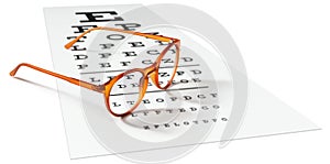 Orange eyeglasses on visual test chart isolated on white.