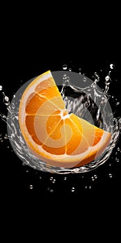 Orange falls into the water and making splashes. Concept of fresh summer fruits fruits in water.