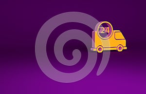 Orange Fast round the clock delivery by car icon isolated on purple background. Minimalism concept. 3d illustration 3D