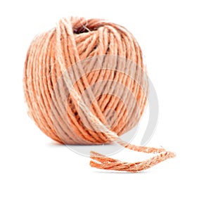 Orange fiber clew, crochet thread ball isolated on white background