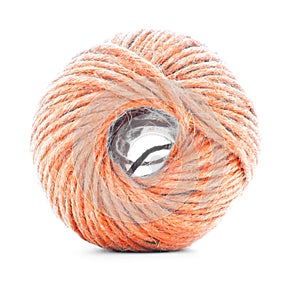 Orange fiber clew, crochet yarn roll isolated on white background