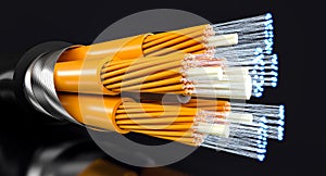 orange fibre optic cable detail on black background