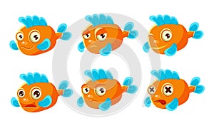 Orange Fish with Different Emotions Set, Cute Sea Creature Cartoon Character with Funny Face Vector Illustration