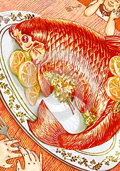 Orange fish dinner for two illustration