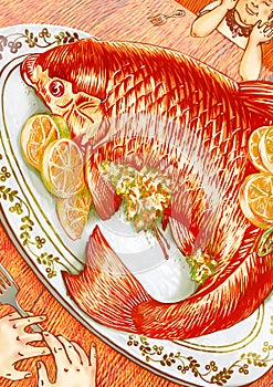 Orange fish dinner for two illustration photo