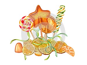 Orange flavored lollipops. Citrus caramels of different shapes, fruit jelly, orange slices. Bonbon with striped swirls, sugar
