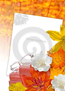 Orange flower card. Education card. Collage of education items and flowers
