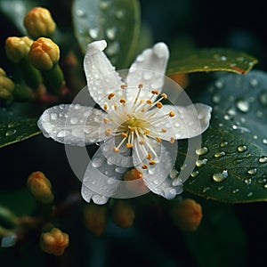 Orange flower, fleur d\'orange, beautiful white flower with large drops of dew, macro close-up,