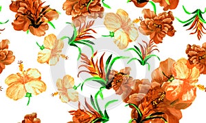 Orange Flower Illustration. Red Hibiscus Textile. Yellow Tropical Leaf. Autumn Exotic Backdrop . Seamless Palm. Pattern Painting.