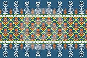 Orange Flower on Indigo Blue, Green Geometric ethnic oriental pattern traditional Design for background,carpet,wallpaper,clothing,