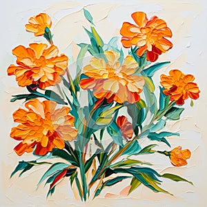 Orange Flower Painting On Beige Background: Harsh Palette Knife Work