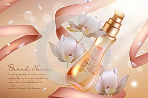 Orange flower perfume cosmetics vector illustration, 3d perfumed spray glass bottle with neroli essential oil ingredient