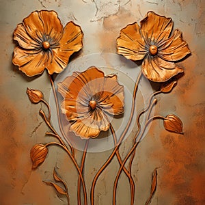 Orange Flower Sculptures Wall Plaque - Texture-rich Canvases