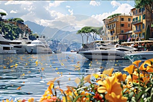 Orange flowers, in the back luxury yachts sailing on the lake. Flowering flowers, a symbol of spring, new life