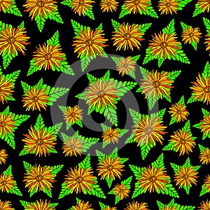 Orange flowers and plants seamless texture. Floral colorful fantasy ornament. Original vector flowers art pattern.