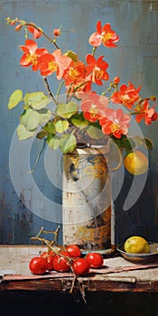 Orange Flowers And Tomato In Blue Metal Planter - Naturalistic Realism Painting