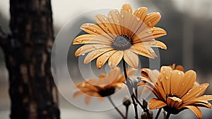 orange flowers with water droplets on them in front of a tree