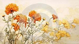 Orange Flowers Watercolor Painting In Yellow And Beige Style