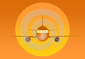 Orange flying airliner with engines and windows from the front with a large yellow sun in the back on an orange background. Air tr