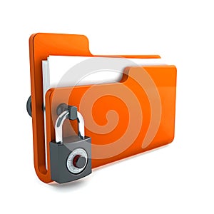 orange folder with the lock isolated on white background. Data security concept. 3d render