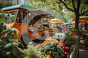 An orange food truck is parked next to a vibrant fruit stand, showcasing a colorful array of fresh produce, A food truck in a