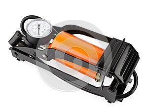 orange foot pump for a car with a manometer