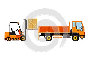 Orange forklift loading truck.