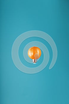 Orange in the form of a light bulb in levitation on a blue background