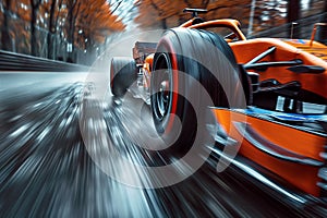 orange formula one racing car driving fast on race track in nature close up