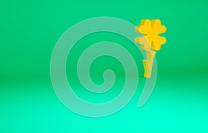 Orange Four leaf clover icon isolated on green background. Happy Saint Patrick day. Minimalism concept. 3d illustration