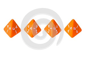 Orange four sided dice for board games