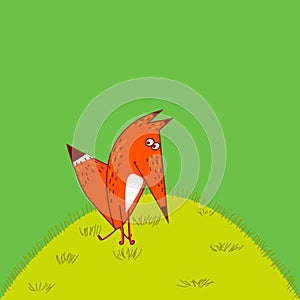 Orange Fox big tail thoughtfully amusing cartoon style to sit upright on a grass green background