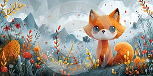 An orange fox sits among a colorful field of flowers