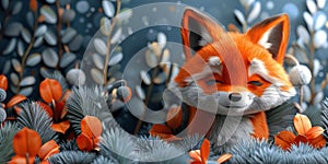 Orange fox sitting among colorful flowers in a field