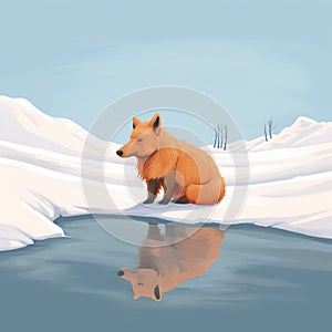 Orange Fox Sitting At Water In Snow - Digital Painting With Flat Perspective