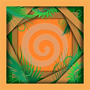 Orange frame of paper art style with leaves pattern for nature background,tropical leaf tree textured, conservation energy and