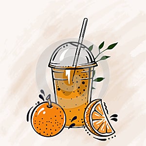 Orange fresh fruit citrus cocktail of orange juice in a plastic glass for juice, cartoon illustration vector sketch icon