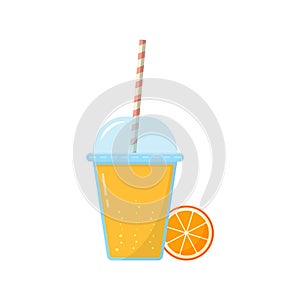 Orange Fresh Juice in Glass with Cap Illustration. Ice Fruit Cocktails in Plastic Cup with Straw. Slice of Orange and